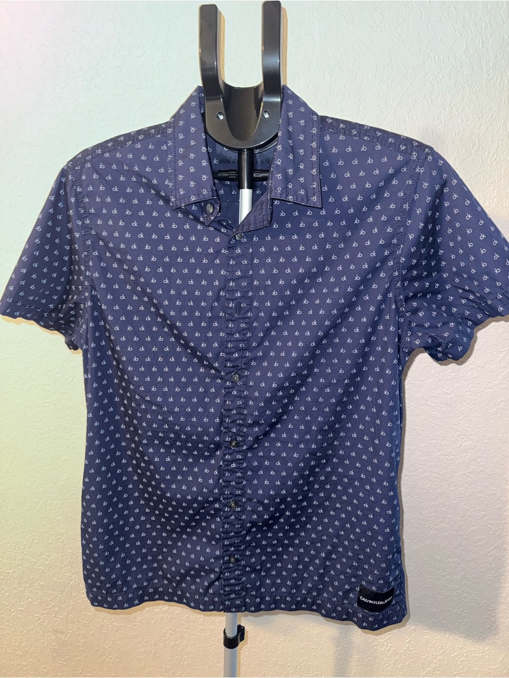 Calvin Klein Jeans Navy Short-Sleeve Button-Up Shirt with Micro CK Print